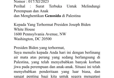 Presiden Nuraa Womens Institute Kirim Surat ke Joe Biden Untuk Hentikan Genoside di Gaza 