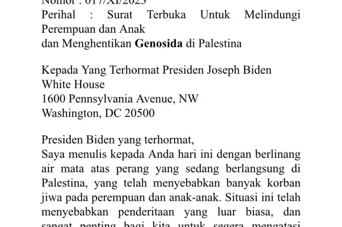 Presiden Nuraa Women’s Institute Kirim Surat ke Joe Biden Untuk Hentikan Genoside di Gaza 